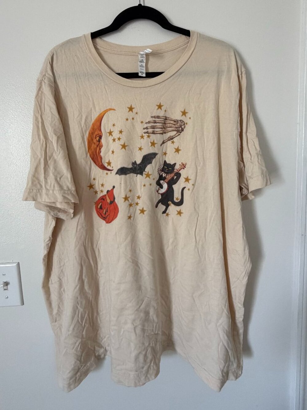Cream Halloween Graphic Tee - Cat, Moon & Bat Print, 3XL